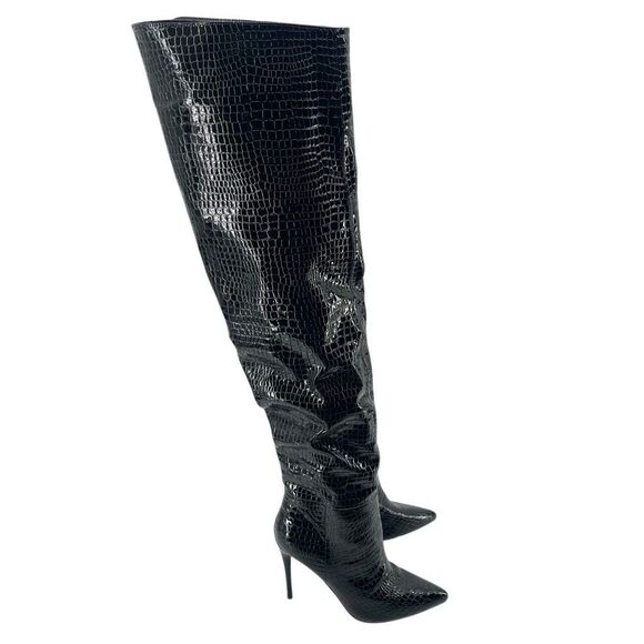Steve Madden Harlow Black Croco Embossed Over The Knee High Heel Boots Size 8 - Picture 3 of 16